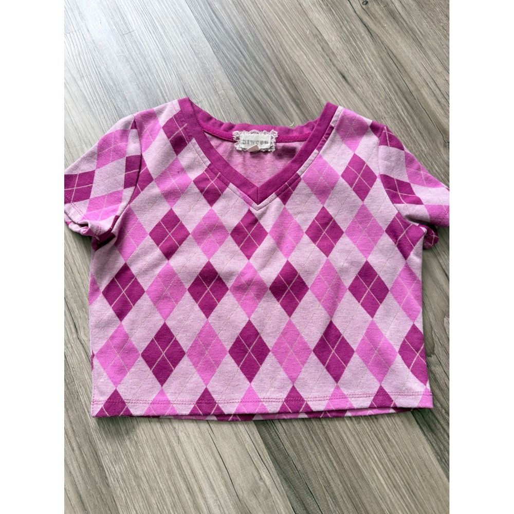 Btween Girls Pink Purple Argyle V-Neck Short Sleeve Crop Top Size 10 7P261